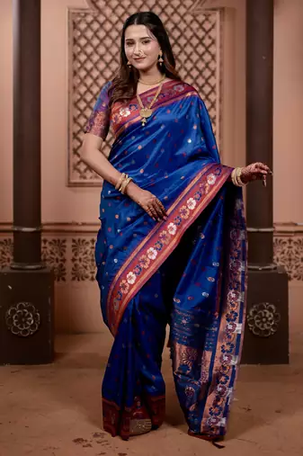 Blue floral, zari work soft silk saree with blouse