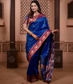 Blue floral, zari work soft silk saree with blouse
