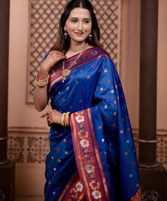 Blue floral, zari work soft silk saree with blouse 2