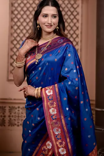 Blue floral, zari work soft silk saree with blouse