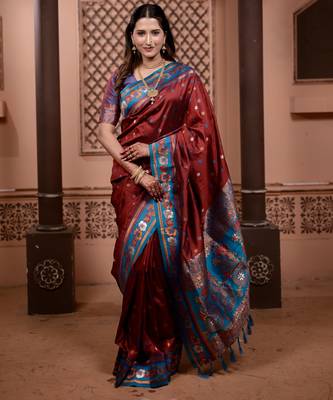 Maroon floral, zari work soft silk saree with blouse 1