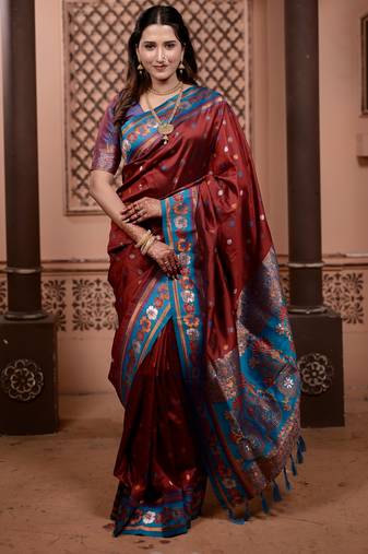 Maroon floral, zari work soft silk saree with blouse