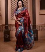 Maroon floral, zari work soft silk saree with blouse