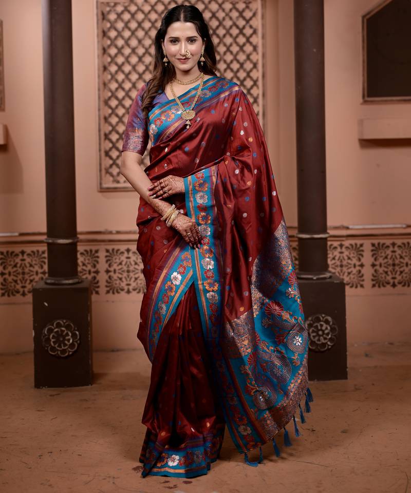 Maroon floral, zari work soft silk saree with blouse
