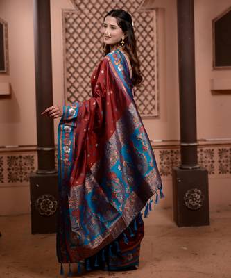 Maroon floral, zari work soft silk saree with blouse 2