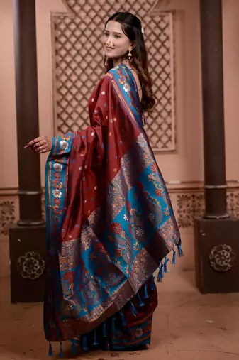 Maroon floral, zari work soft silk saree with blouse
