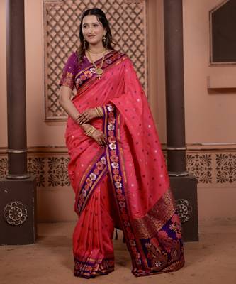 Pink floral, zari work soft silk saree with blouse 1