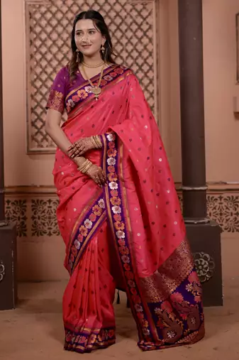 Pink floral, zari work soft silk saree with blouse