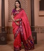 Pink floral, zari work soft silk saree with blouse
