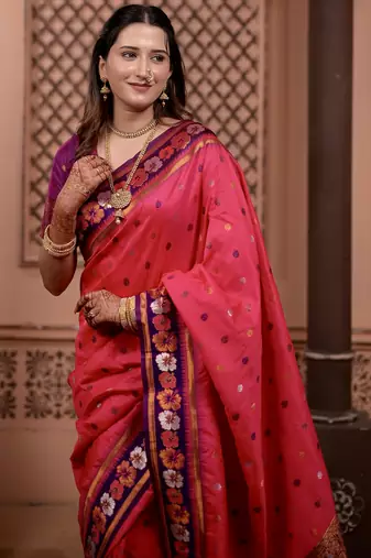 Pink floral, zari work soft silk saree with blouse