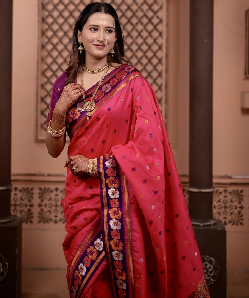 Pink floral, zari work soft silk saree with blouse