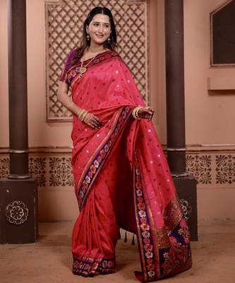 Pink floral, zari work soft silk saree with blouse 3