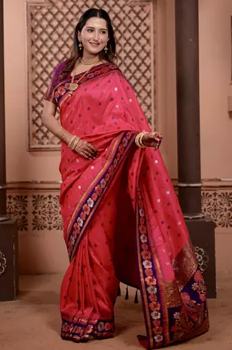Pink floral, zari work soft silk saree with blouse