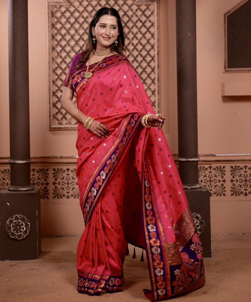 Pink floral, zari work soft silk saree with blouse