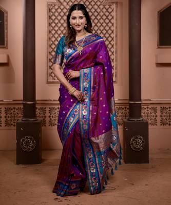 Purple floral, zari work soft silk saree with blouse 1