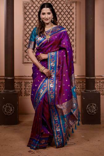 Purple floral, zari work soft silk saree with blouse