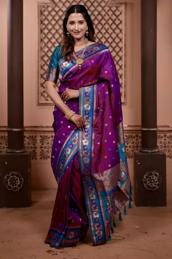 Purple floral, zari work soft silk saree with blouse
