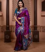 Purple floral, zari work soft silk saree with blouse