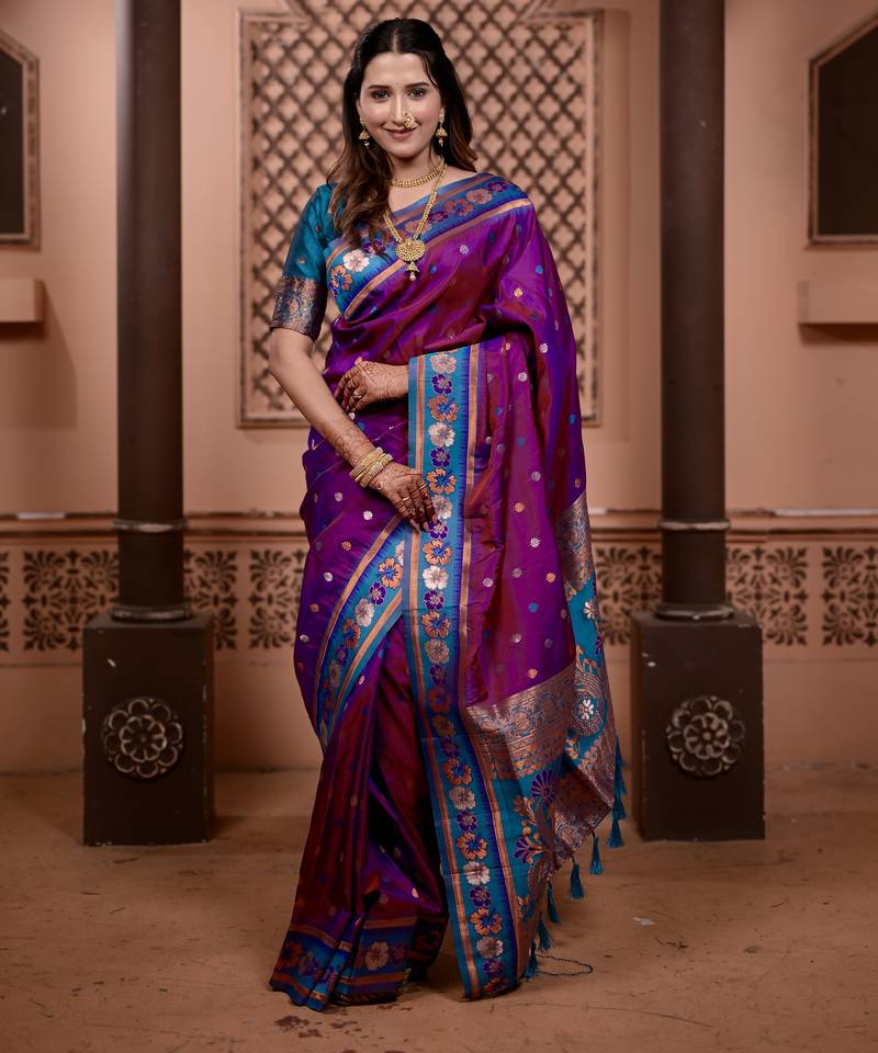 Purple floral, zari work soft silk saree with blouse