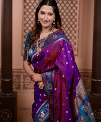 Purple floral, zari work soft silk saree with blouse 2