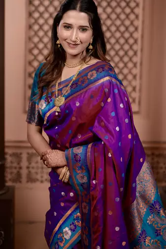 Purple floral, zari work soft silk saree with blouse