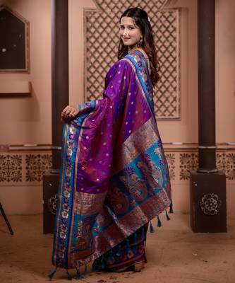 Purple floral, zari work soft silk saree with blouse 3