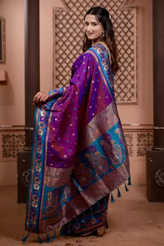 Purple floral, zari work soft silk saree with blouse