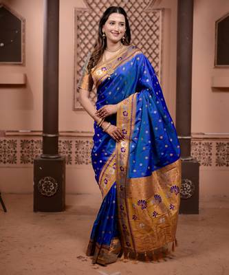 Royal blue floral, zari work soft silk saree with blouse 1