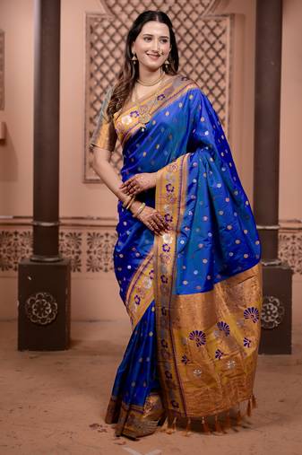 Royal blue floral, zari work soft silk saree with blouse
