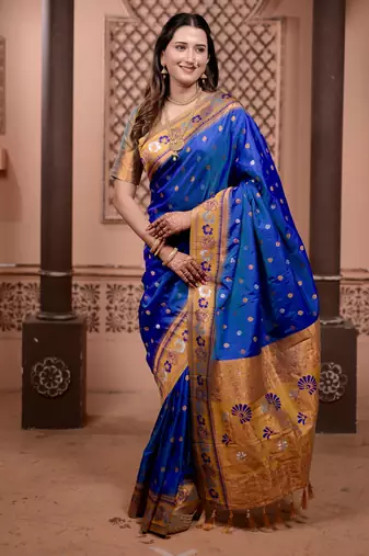Royal blue floral, zari work soft silk saree with blouse