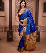Royal blue floral, zari work soft silk saree with blouse