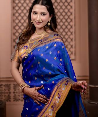 Royal blue floral, zari work soft silk saree with blouse 2