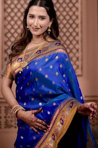 Royal blue floral, zari work soft silk saree with blouse