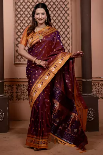 Wine floral, zari work soft silk saree with blouse