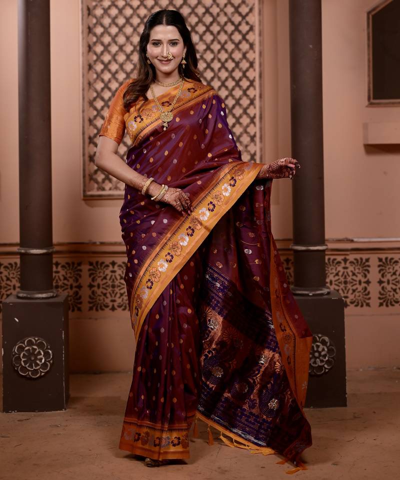 Wine floral, zari work soft silk saree with blouse