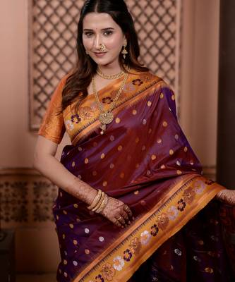 Wine floral, zari work soft silk saree with blouse 2