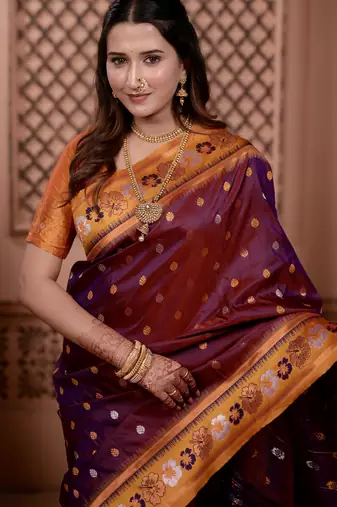 Wine floral, zari work soft silk saree with blouse