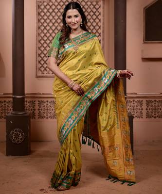 Yellow floral, zari work soft silk saree with blouse 1