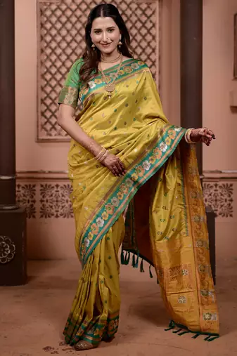 Yellow floral, zari work soft silk saree with blouse