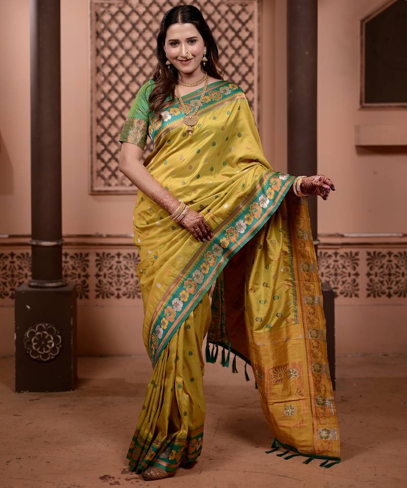 Yellow floral, zari work soft silk saree with blouse