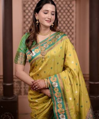 Yellow floral, zari work soft silk saree with blouse 2