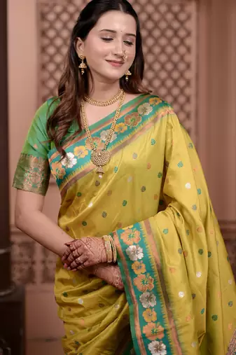 Yellow floral, zari work soft silk saree with blouse