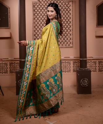 Yellow floral, zari work soft silk saree with blouse 3