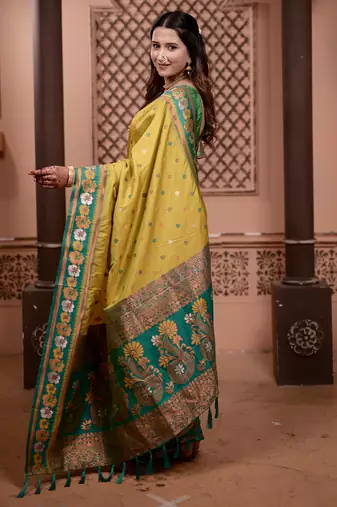 Yellow floral, zari work soft silk saree with blouse