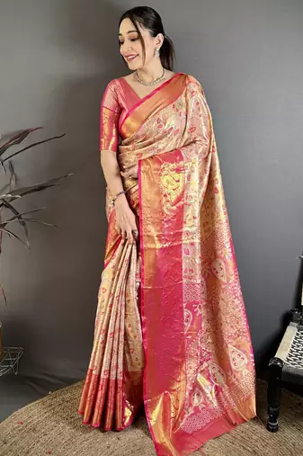 Beige, pink floral, paisely, zari woven kanjivaram semi silk saree with blouse