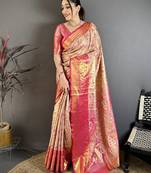 Beige, pink floral, paisely, zari woven kanjivaram semi silk saree with blouse