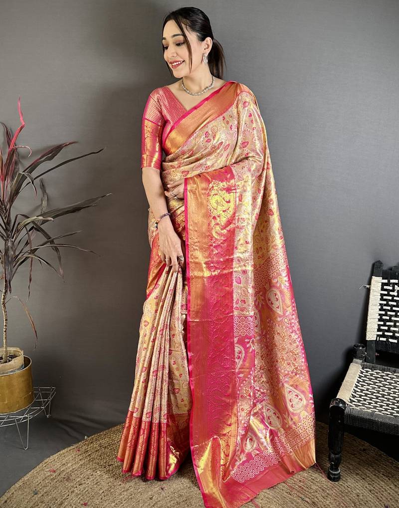 Beige, pink floral, paisely, zari woven kanjivaram semi silk saree with blouse