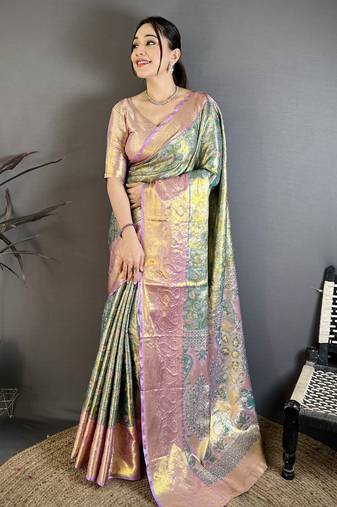 Green, lavender floral, paisely, zari woven kanjivaram semi silk saree with blouse