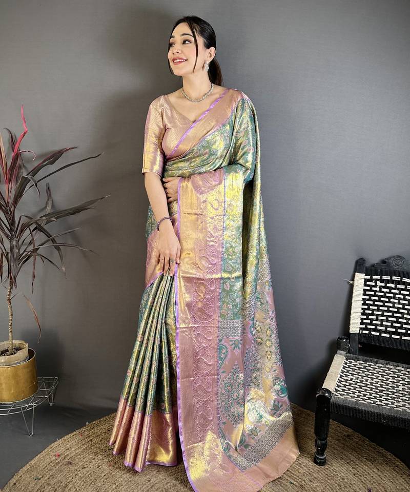 Green, lavender floral, paisely, zari woven kanjivaram semi silk saree with blouse