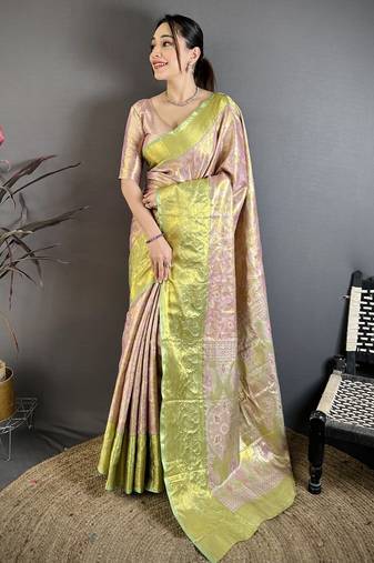Light pink, green floral, paisely, zari woven kanjivaram semi silk saree with blouse